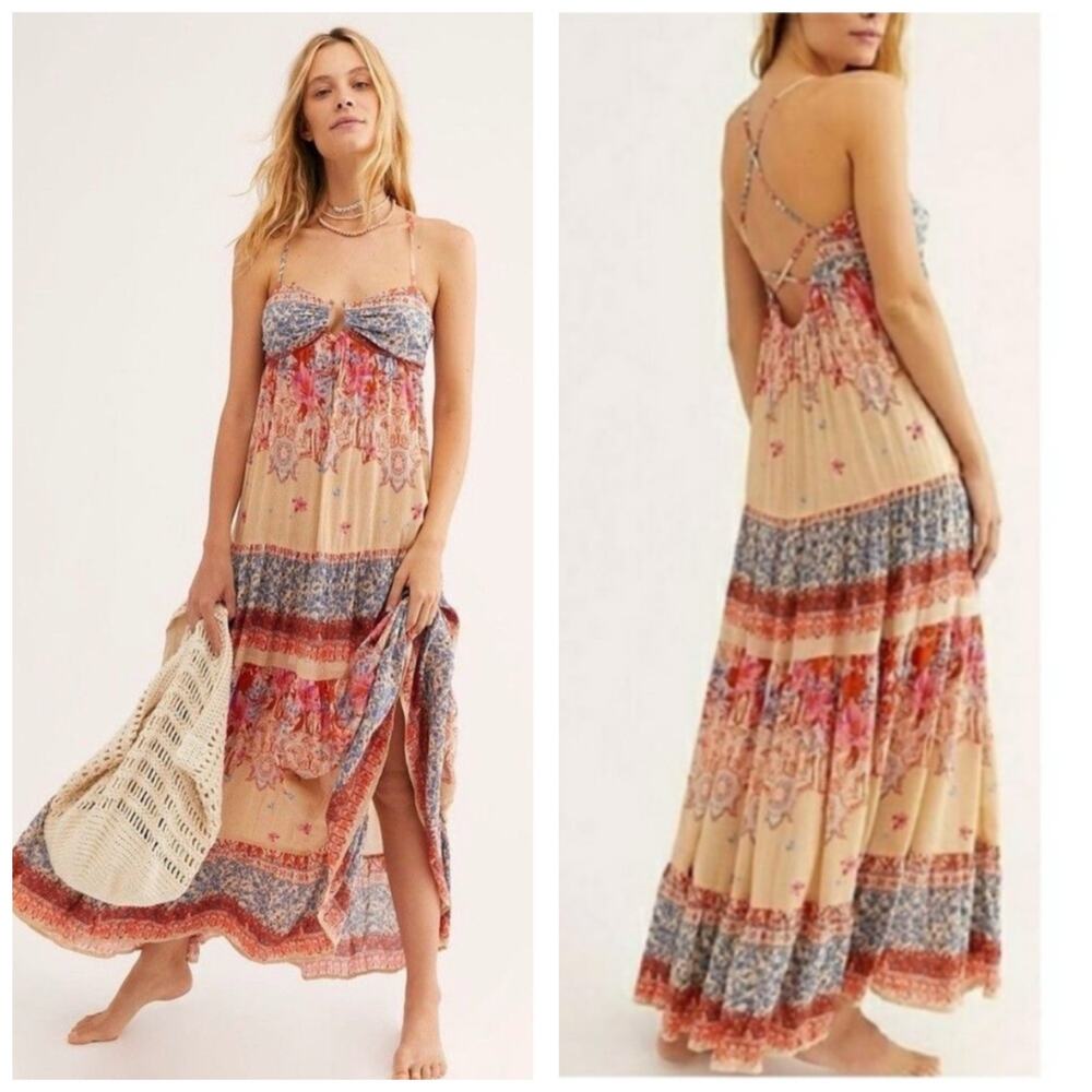 Free People Give A Little Maxi Dress Size Small Mix Print Boho Vacation Beach